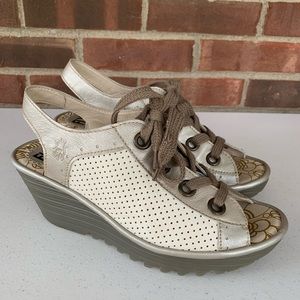 Fly London Yeki beige lace up wedge heel sandals